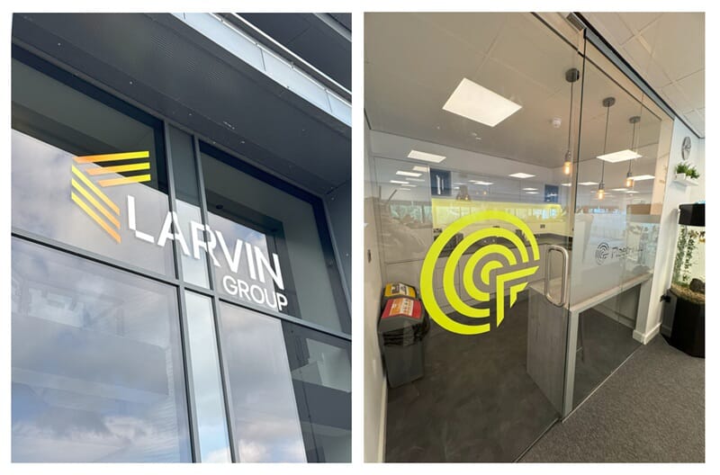 A collage of the exterior Larvin signage and interior window and door graphics.